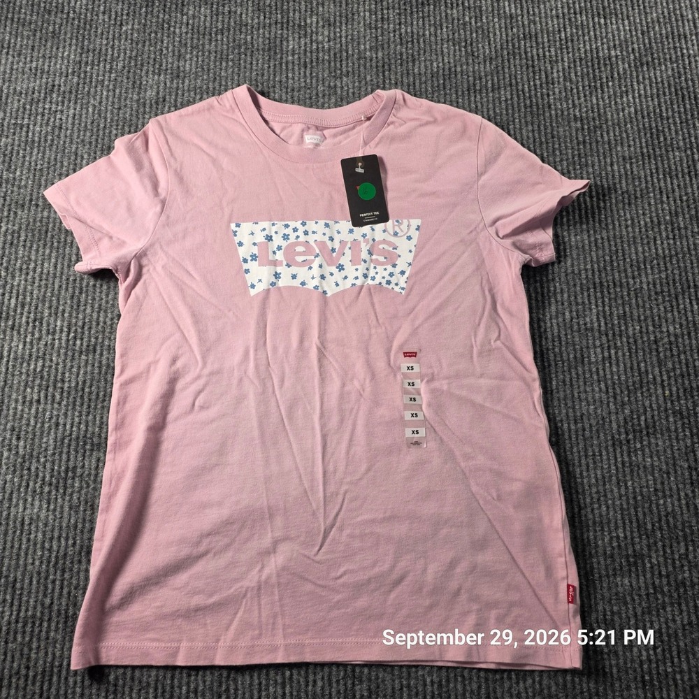 Levis Womens Perfect Tee Pink Floral Batwing Logo Graphic T-Shirt XS